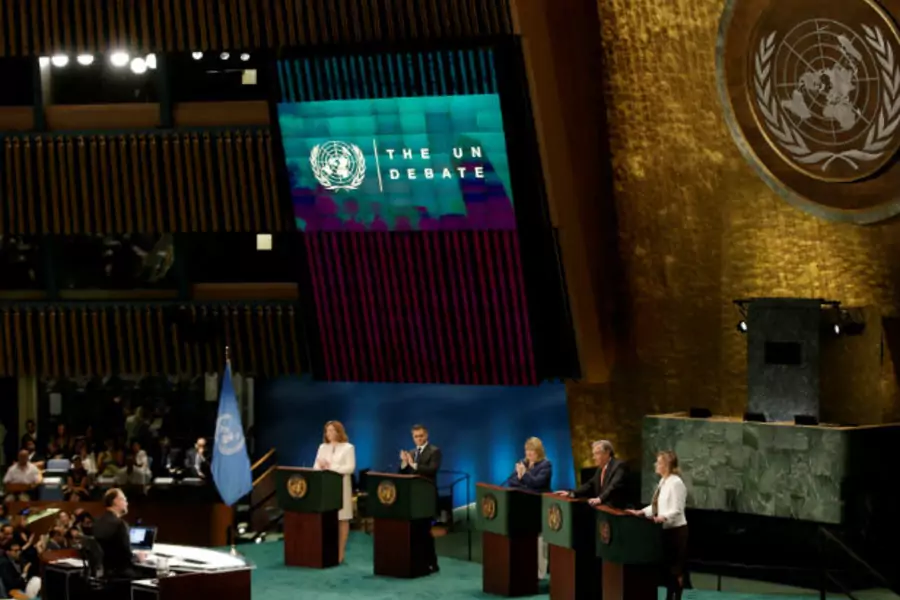 Candidates vying to become the next United Nations secretary-general debate in the UN General Assembly in New York on July 12, 2016. From left to right are Natalia Gherman, Vuk Jeremic, Susana Malcorra, António Guterres, and Vesna Pusic.