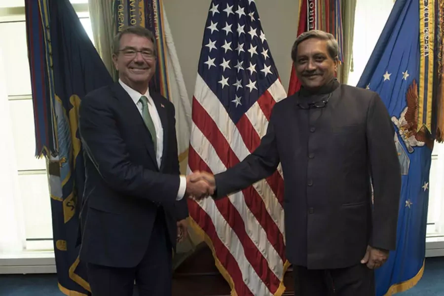 WASHINGTON (Aug. 29, 2016) Secretary of Defense Ash Carter hosts Indian Minister of Defense Manohar Parrikar at the Pentagon, Aug. 29. DoD Photo by Navy Petty Officer 1st Class Tim D. Godbee licensed under CC BY 2.0.