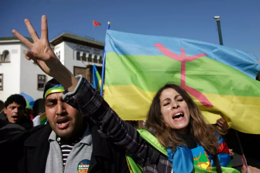 Local Amazigh people attend a rally in celebration of the Amazigh New Year, and also to express solidarity with Libyan Amazigh people, in Rabat (Stringer/Reuters).