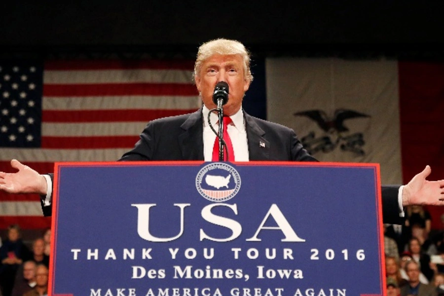 U.S. President-elect Donald Trump speaks at the USA Thank You Tour event at the Iowa Events Center in Des Moines, Iowa, U.S., December 8, 2016. REUTERS/Shannon Stapleton