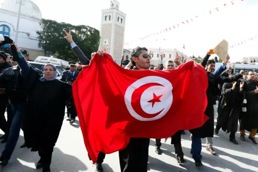 Tunisian lawyers demonstrate against the government's proposed new taxes, near the courthouse in Tunis, Tunisia (Zoubeir Souissi/Reuters).