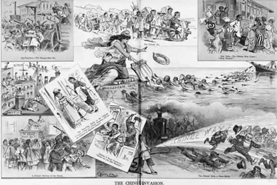 A composite of cartoons from the 1880s warning of the "dangers" that Chinese immigrants posed to the United States. (J. Keppler/courtesy the Library of Congress)