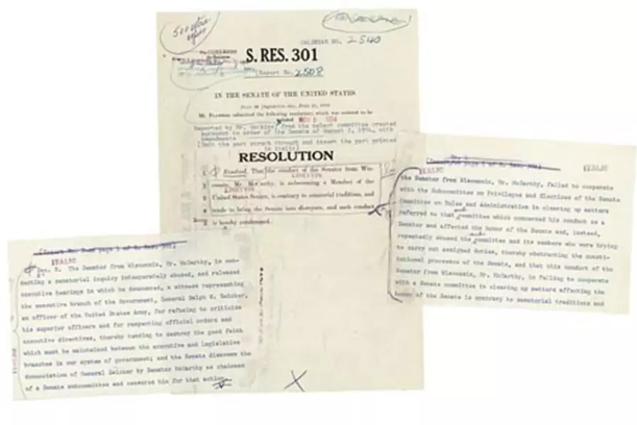 Senate Resolution 301: Censure of Senator Joseph McCarthy. (Courtesy the National Archives)