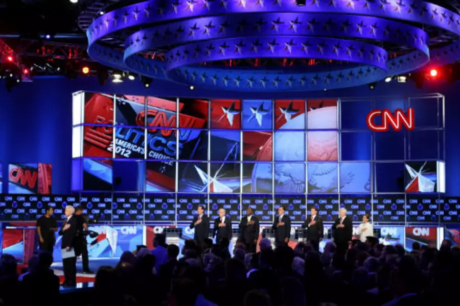 Republican presidential candidates on stage before the start of the Republican Presidential Debate in Las Vegas in October 2012. (Steve Marcus/Courtesy Reuters)
