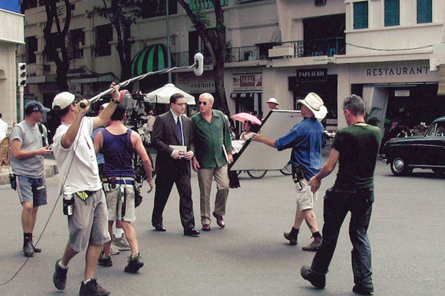 Brendan Fraser and Michael Caine on the set of The Quiet American 