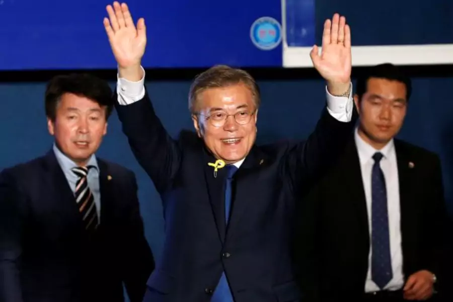 South Korea's president-elect Moon Jae-in gestures to supporters at Gwanghwamun Square in Seoul, South Korea, May 9, 2017.