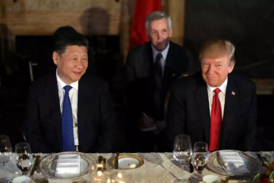 Chinese President Xi Jinping and U.S. President Donald Trump attend a dinner at the start of their summit at Trump's Mar-a-Lago estate in West Palm Beach, Florida, U.S., April 6, 2017.