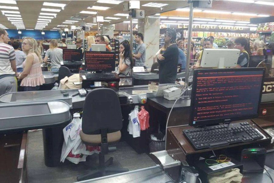 Customers queue in 'Rost' supermarket in Kharkiv, Ukraine June 27, 2017 in this picture obtained from social media.