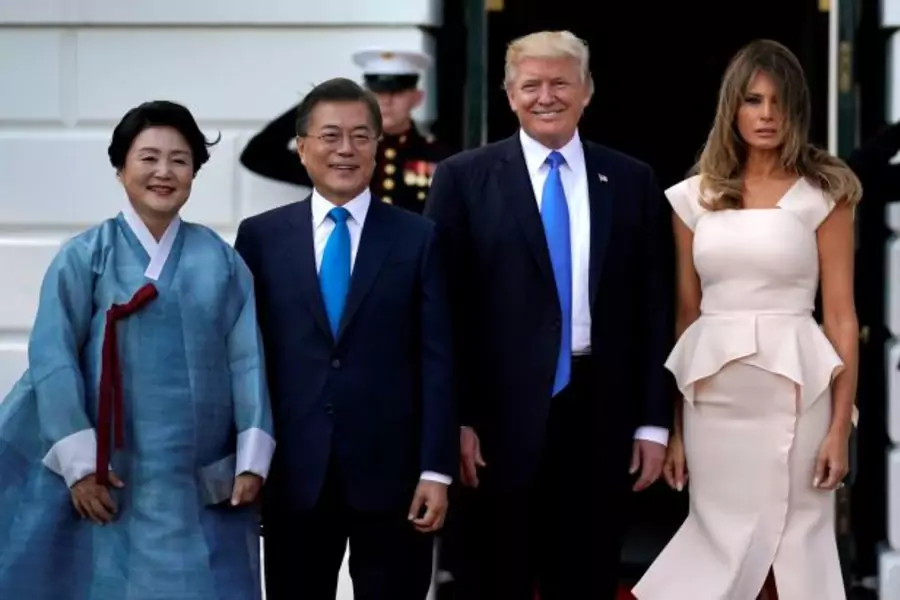 U.S. President Donald Trump and first lady Melania Trump welcome South Korean President Moon Jae-in and his wife Kim Jeong-sook to the White House in Washington, U.S., June 29, 2017. 