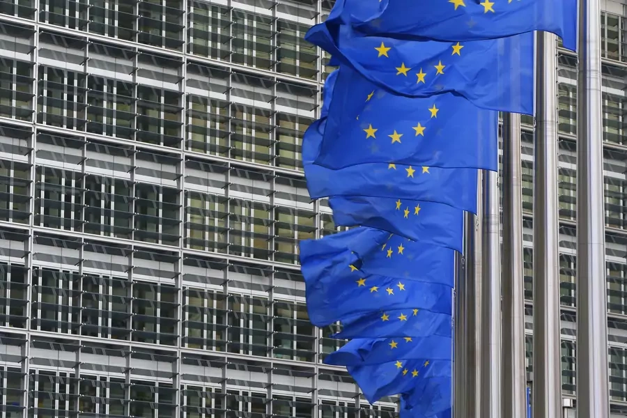 European flags are hung outside the European Commission headquarters in Brussels January 22, 2014. 