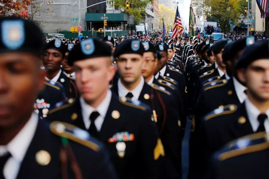 Active duty members of the U.S. Army march in a Veteran's Day parade in New York 