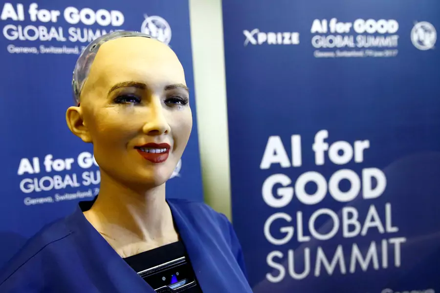 Sophia, a robot integrating the latest technologies and artificial intelligence developed by Hanson Robotics is pictured during a presentation at the "AI for Good" Global Summit at the International Telecommunication Union (ITU) in Geneva, Switzerland. 