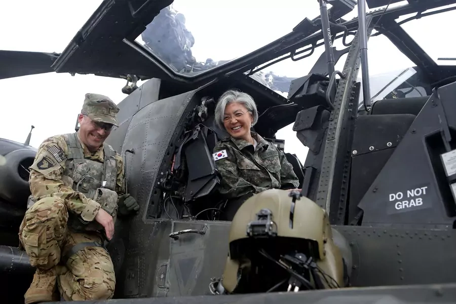 South Korean Foreign Minister Kang Kyung-wha sits in a AH-64D Apache Longbow helicopter as as she visits the headquarters of the South Korea-US Combined 2nd Infantry Division at the Camp Red Cloud in Uijeongbu, South Korea June 25, 2017. 