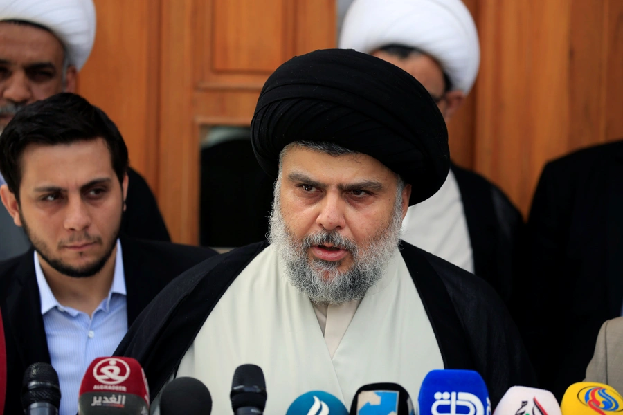 Iraqi Shi'ite cleric Moqtada al-Sadr speaks during a media conference with Iraqi Defense Minister Arfan al-Hayali and Iraq's Interior Minister Qasim al-Araji (not pictured) in Najaf, Iraq (Alaa Al-Marjani/Reuters).