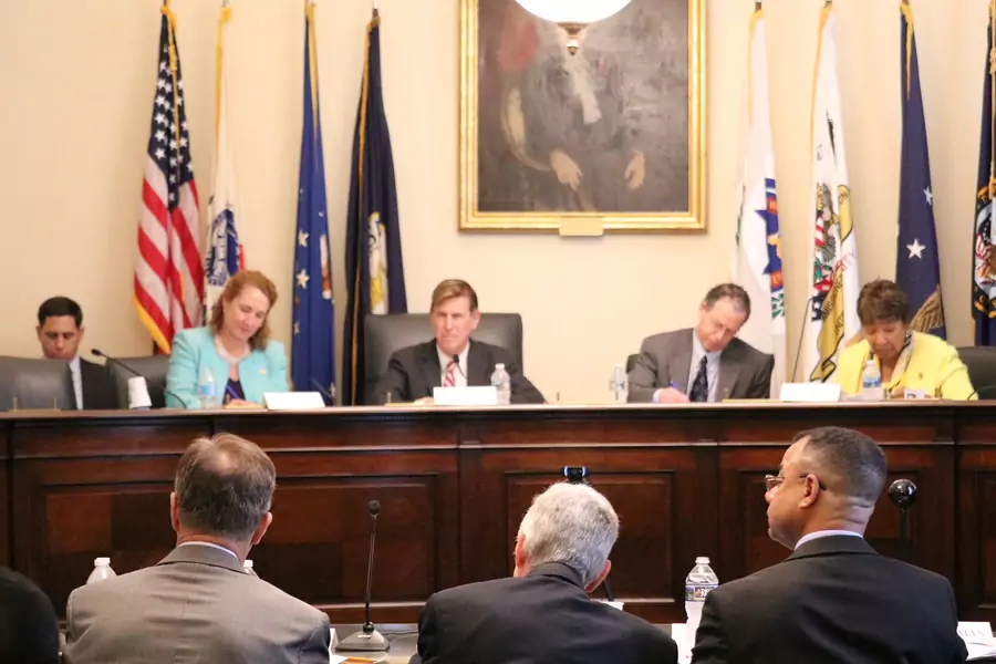 Ambassador John Campbell (c) is one of six panelists to speak to members of the House Committee on Science, Space, and Technology on the threats posed to national security by climate change, in Washington, DC, June 12, 2017.