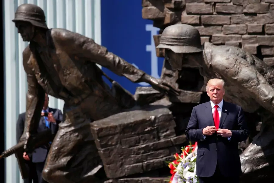 U.S. President Donald J. Trump gestures after his public speech in front of the Warsaw Uprising Monument at Krasinski Square, in Warsaw, Poland, on July 6, 2017.