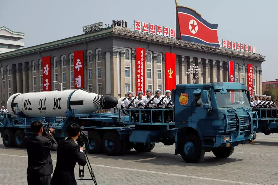 "A North Korean navy truck carries the 'Pukkuksong' submarine-launched ballistic missile (SLBM) during a military parade marking the 105th birthday anniversary of the country's founding father, Kim Il-sung in Pyongyang, April 15, 2007." 