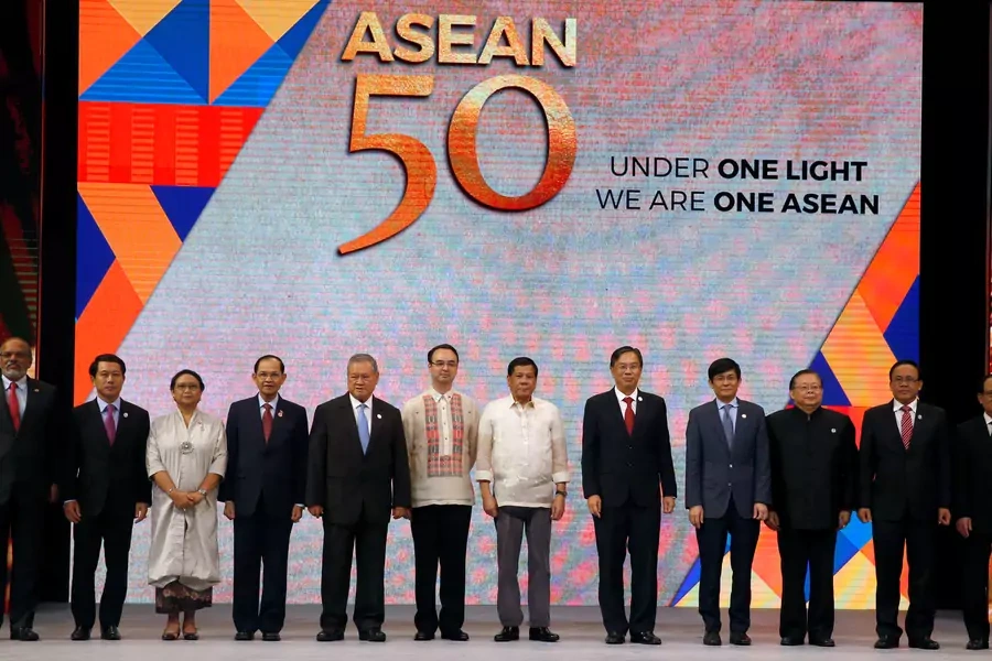 ASEAN Foreign Ministers during the closing ceremony of the 50th Association of Southeast Asia Nations (ASEAN) Regional Forum (ARF) summit in Manila.