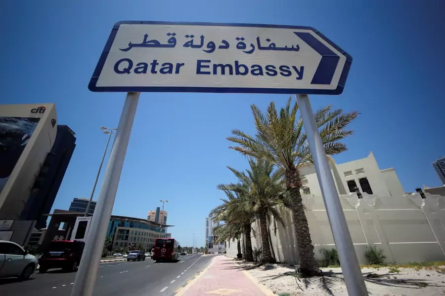 A sign indicating a route to Qatar embassy in Manama, Bahrain, on June 5, 2017.