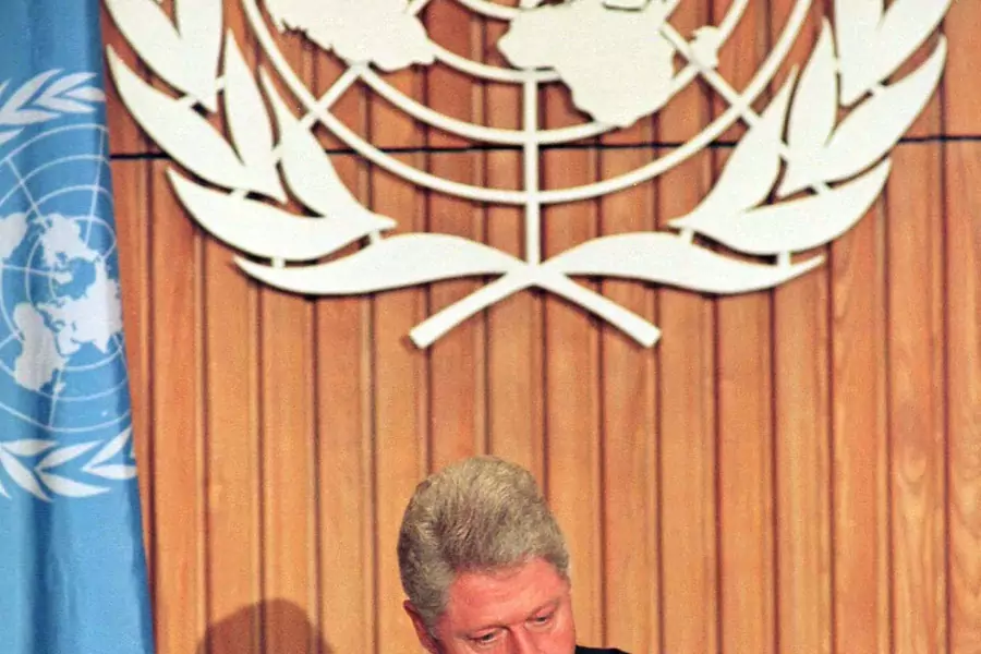 President Bill Clinton signs the Comprehensive Nuclear Test Ban Treaty at the United Nations in New York on September 24, 1996. 