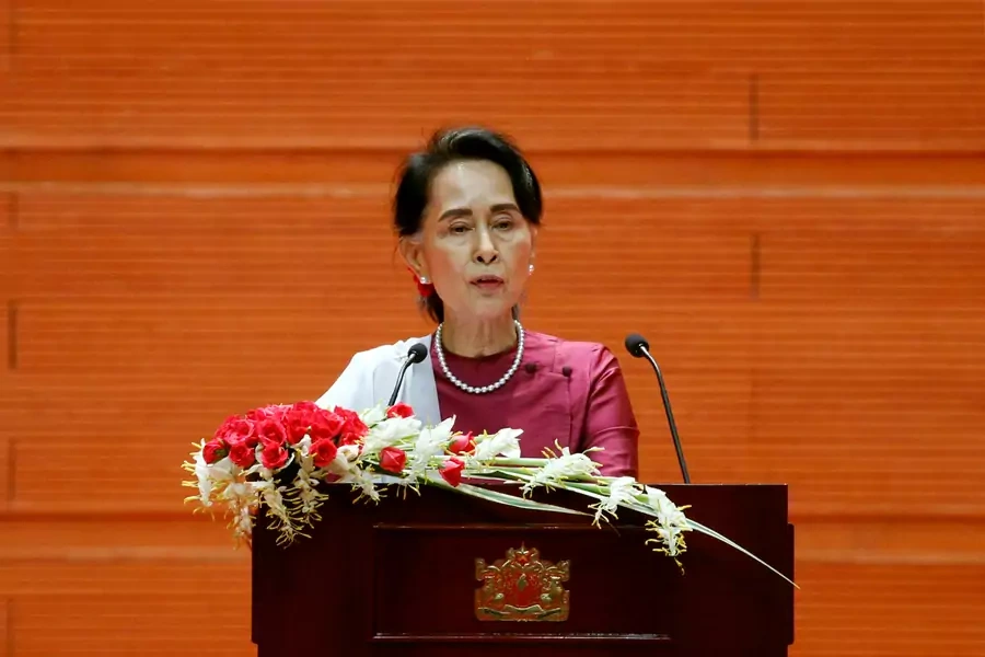 Myanmar State Counselor Aung San Suu Kyi delivers a speech to the nation on Rakhine and the Rohingya situation, in Naypyitaw, Myanmar on September 19, 2017. 