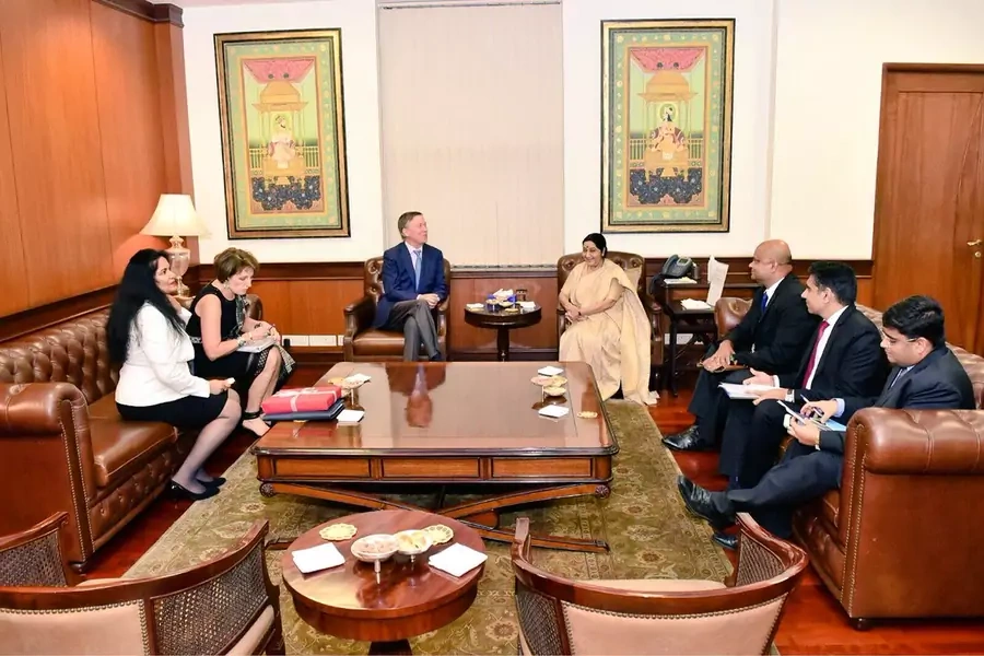 Colorado Governor John Hickenlooper meets with Indian External Affairs Minister Sushma Swaraj in New Delhi, October 9, 2017.
