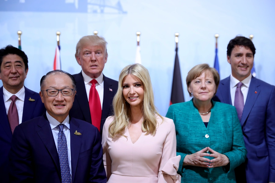 Japan's Prime Minister Shinzo Abe, World Bank President Jim Yong Kim, U.S. President Donald J. Trump, Ivanka Trump, German Chancellor Angela Merkel, and Canada's Prime Minister Justin Trudeau during the G20 summit in Hamburg, Germany on July 8, 2017.