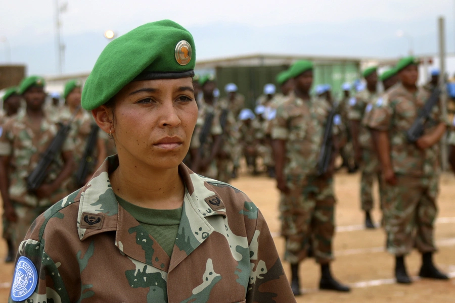 United Nations peacekeeping troops from South Africa participate in a ceremony in Burundi's capital Bujumbura.  The current mission has some 786 members.