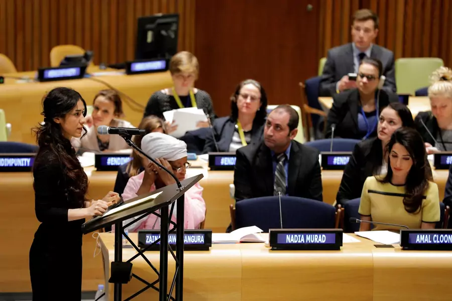 Nadia Murad addresses a ‘Bringing Da’esh to Justice’ event with international human rights lawyer Amal Clooney at United Nations headquarters in New York, U.S., March 9, 2017. 