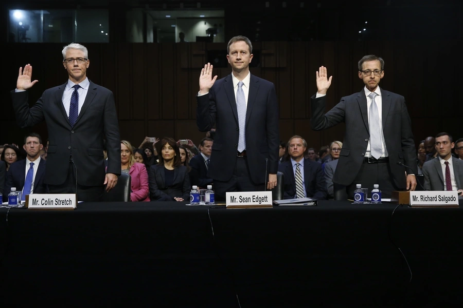 From left to right, the general counsels of Facebook, Twitter, and Google testify before Congress on October 31, 2017.