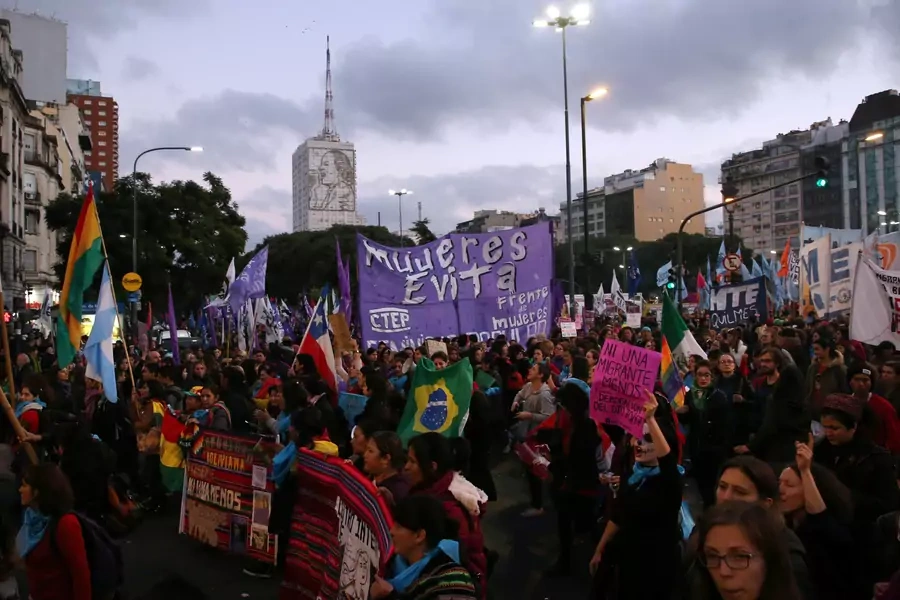 Hundreds of people march during a protest against femicides and violence against women, in Buenos Aires, Argentina, in 2017.