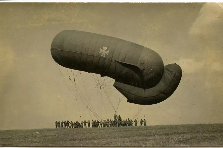 A German observation balloon launches at Équancourt in the Somme on 22 September 1916 during the First World War.