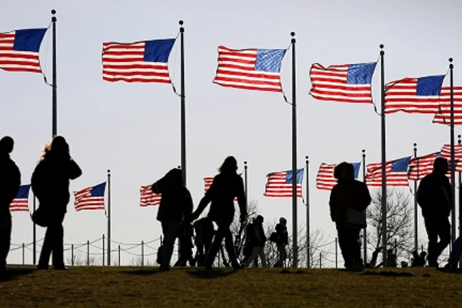 American flags flying at the Washington Monument in Washington, DC. 