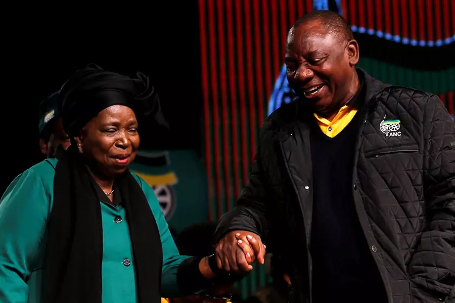 Former African Union chairperson Nkosazana Dlamini-Zuma chats with South Africa's deputy president Cyril Ramaphosa ahead of the African National Congress 5th National Policy Conference at the Nasrec Expo Centre in Soweto, South Africa, June 30, 2017.