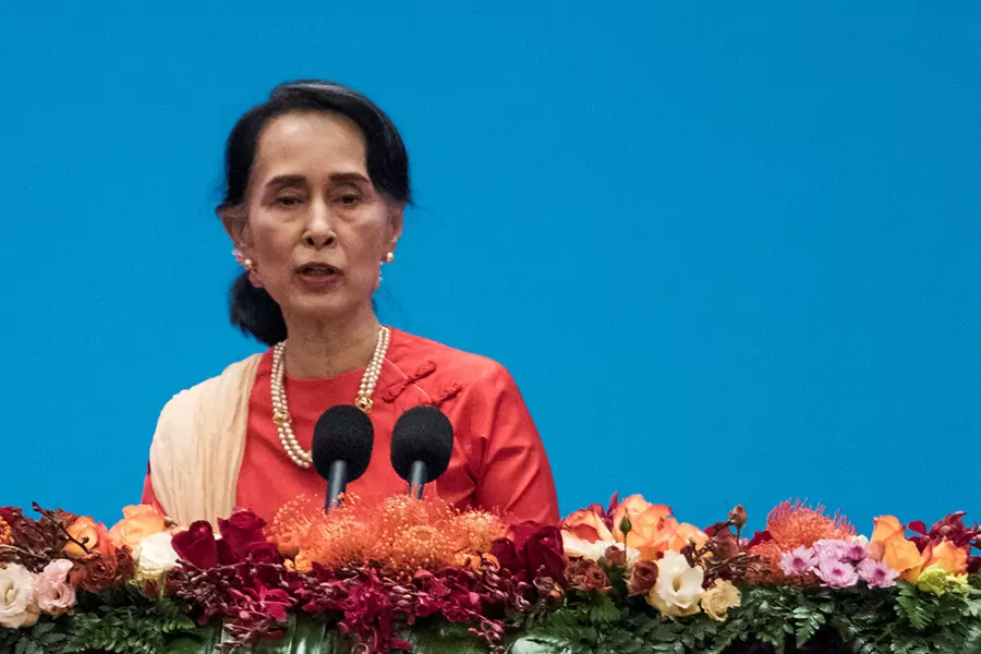 Myanmar's State Counsellor Aung San Suu Kyi gives a speech at the Great Hall of the People in Beijing, China on December 1, 2017.