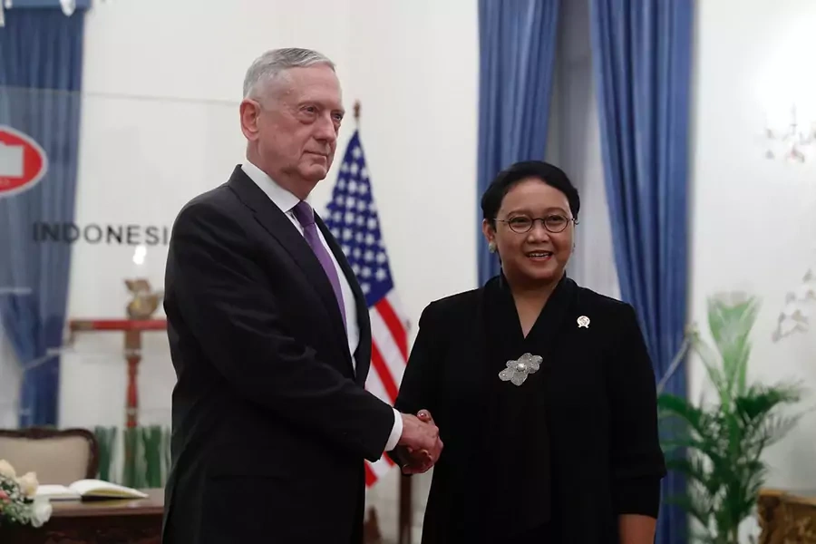 Visiting U.S. Secretary of Defense Jim Mattis shakes hands with Indonesia's Minister of Foreign Affairs Retno Marsudi at the Foreign Ministry in Jakarta, Indonesia on January 22, 2018.