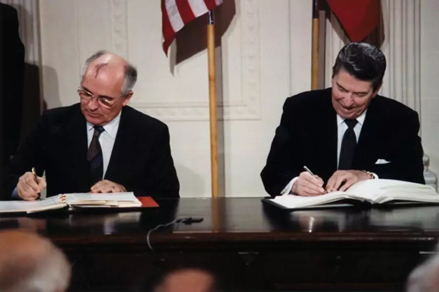 Soviet Leader Mikhail Gorbachev and U.S. president Ronald Reagan sign the Intermediate-Range Nuclear Forces Treaty on December 8, 1987.