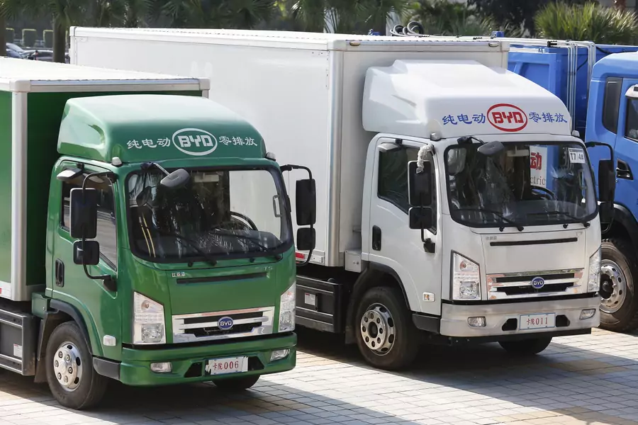 Electric trucks are shown at BYD headquarters in Shenzhen, China May 25, 2016.