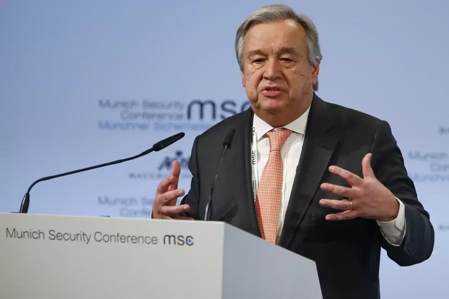 U.N. Secretary General Antonio Guterres talks at the Munich Security Conference on February 16, 2018. 