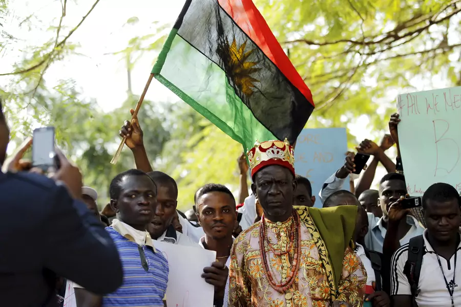 Traditional ruler Prince Ozo Onna joins supporters of Indigenous People of Biafra (IPOB) leader Nnamdi Kanu in a rally, as he is expected to appear at a magistrate court in Abuja, Nigeria December 1, 2015.