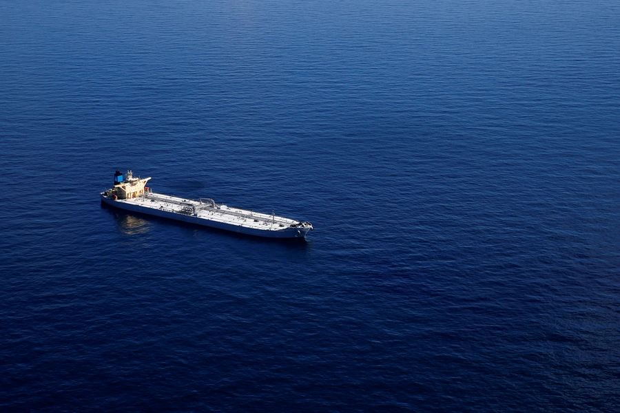 The Suezmax sized oil tanker Karvounis lies at anchor stranded off the coast of Louisiana for lack of a bank letter of credit to discharge its cargo of Venezuelan heavy crude, south of Port Fourchon, Louisiana, U.S. August 17, 2017. 