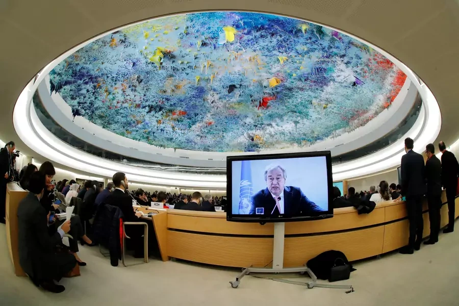 U.N. Secretary-General Antonio Guterres addresses the Human Rights Council at the United Nations in Geneva in February 2018.