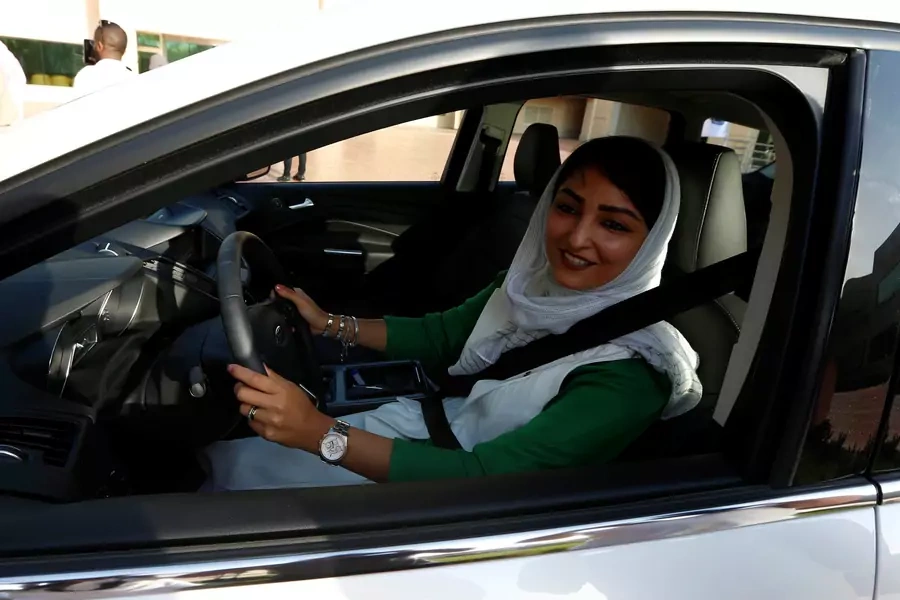 A Saudi woman sits in a car during a driving training at a university in Jeddah, Saudi Arabia March 7, 2018.