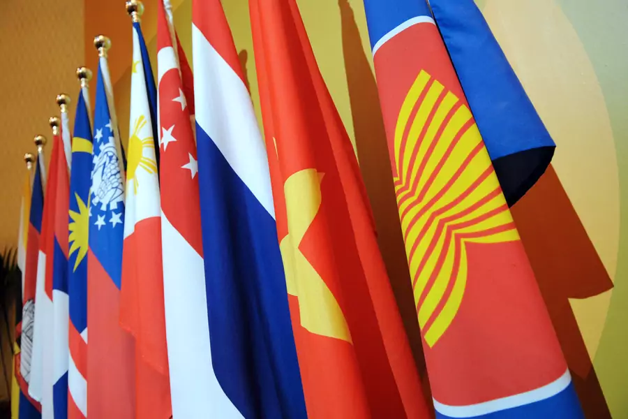 The Association of Southeast Asian Nations flag leads the flags of the ten-member countries during the ASEAN Regional Forum meeting in 2008. 