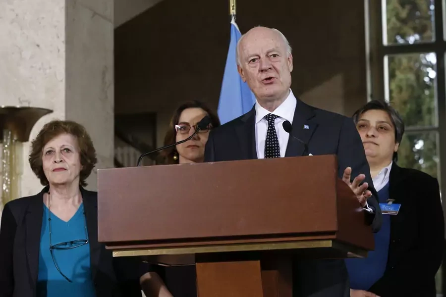 U.N. mediator for Syria Staffan de Mistura with members of the Women Advisory Board during Syria peace talks at the United Nations in Geneva, Switzerland, 2016.