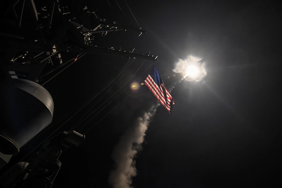 U.S. Navy guided-missile destroyer USS Porter (DDG 78) conducts strike operations while in the Mediterranean Sea which U.S. Defense Department said was a part of cruise missile strike against Syria on April 7, 2017