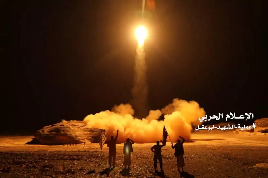 A photo distributed by the Houthi Military Media Unit shows the launch by Houthi forces of a ballistic missile aimed at Saudi Arabia March 25, 2018.