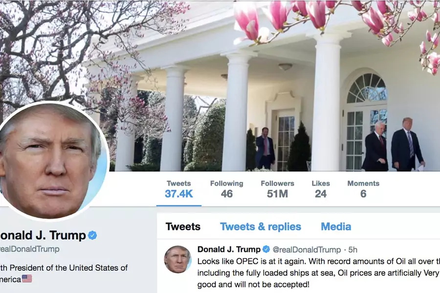 "The masthead of U.S. President Donald Trump's @realDonaldTrump Twitter account with a message about OPEC policy is seen on April 20, 2018."