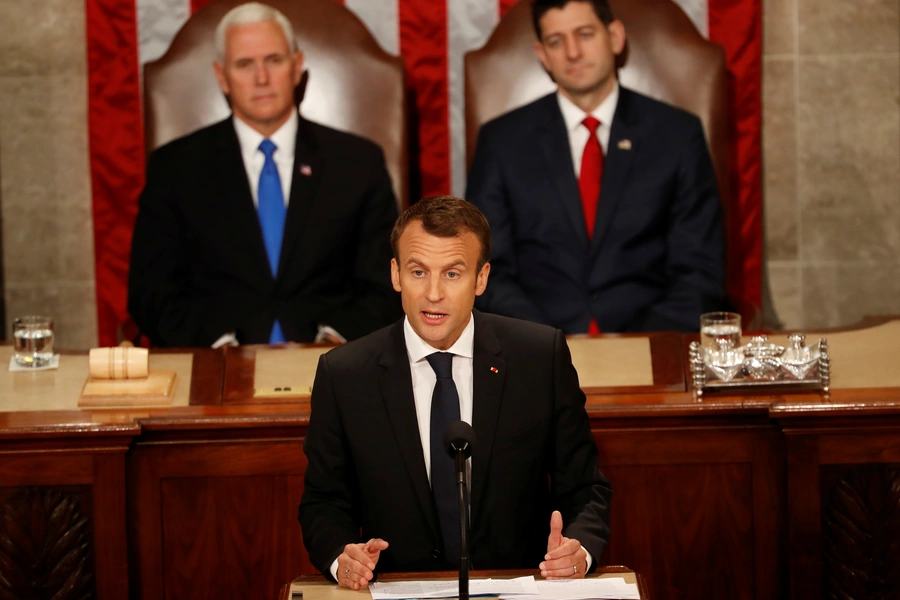 French President Emmanuel Macron addresses a joint meeting of Congress at the U.S. Capitol in Washington, U.S. on April 25, 2018. 