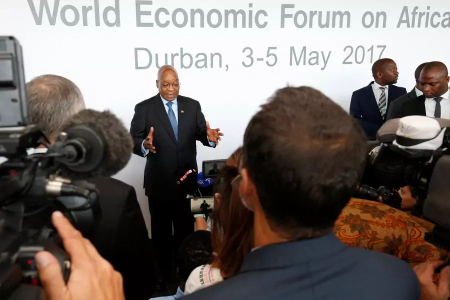 South African President Jacob Zuma speaks to journalists at the World Economic Forum on Africa 2017 meeting in Durban, South Africa, May 3, 2017.